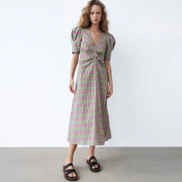 NWT ZARA Plaid Puff Sleeve Midi Dress S - Picture 4 of 16